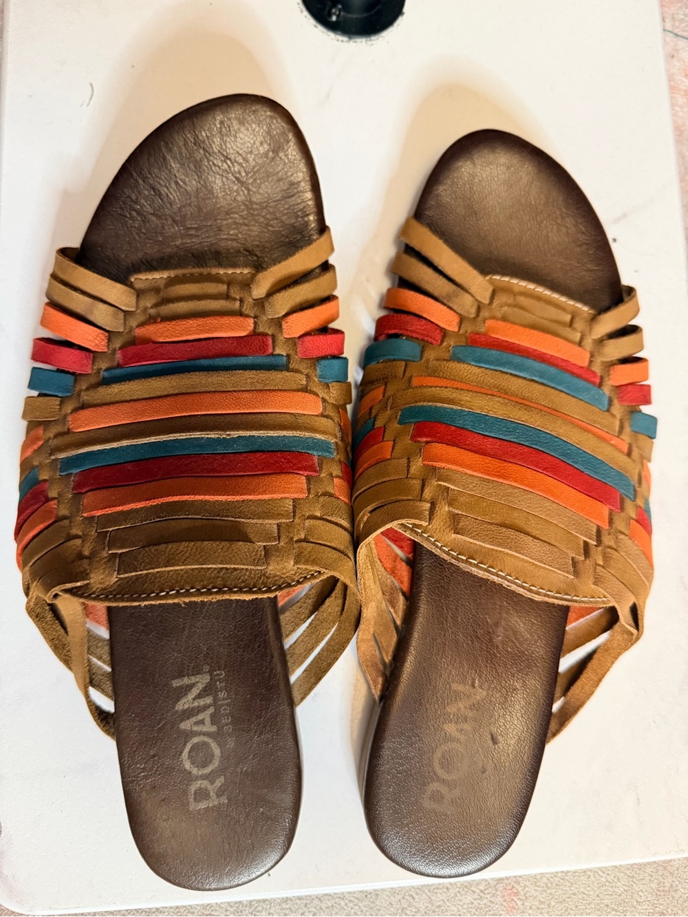 Multicolor Leather Slide Sandals - Tan with Red, Orange & Teal Accents